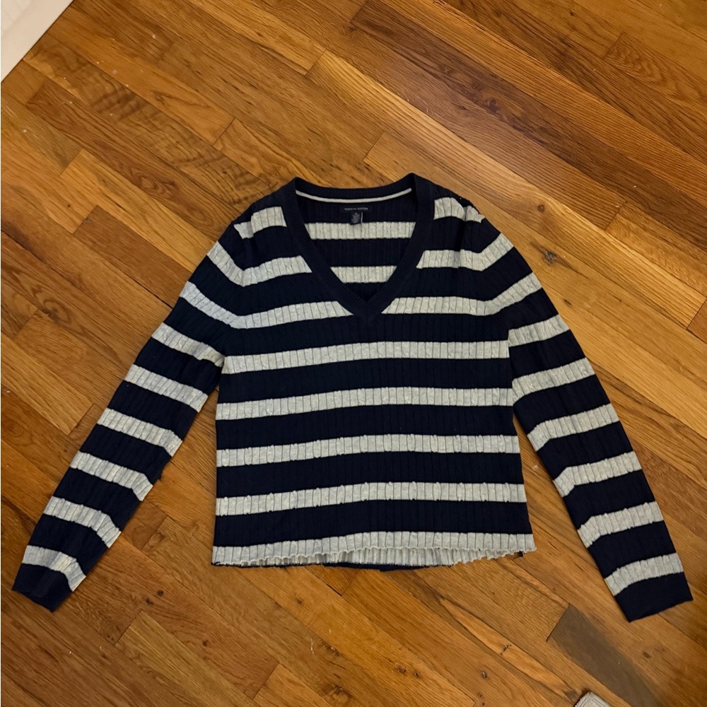 Tommy Hilfiger Navy and Gray Striped V-Neck Sweater